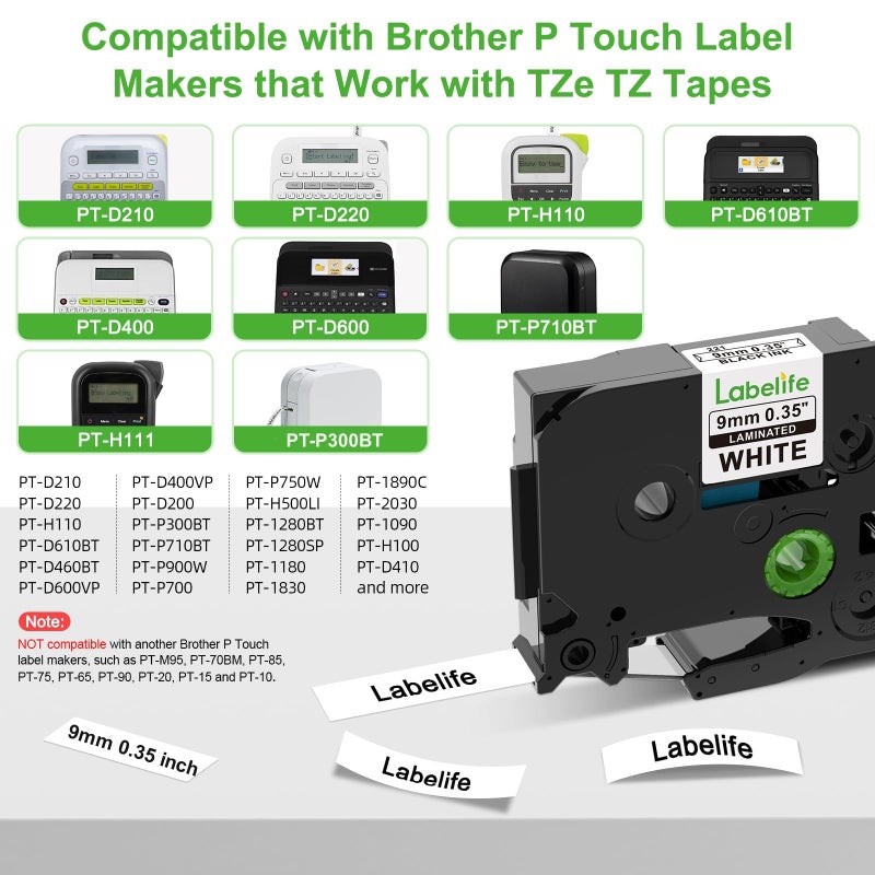 Labelife Replacement for Brother P Touch Label Tape 9mm TZe-221 TZe221 TZe TZ Tape 9mm 0.35 Laminated White Compatible with Brother PT-D210 PT-D220 PT-H110 PT-D400 Label Makers, 3/8 Inch, 3-Pack - Image 2